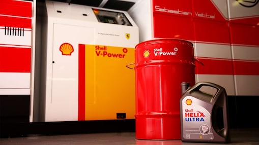 Can of Shell Helix Ultra and Shell V-Power