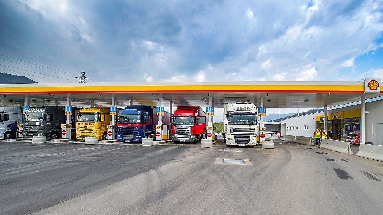 Buses standing at Shell Station